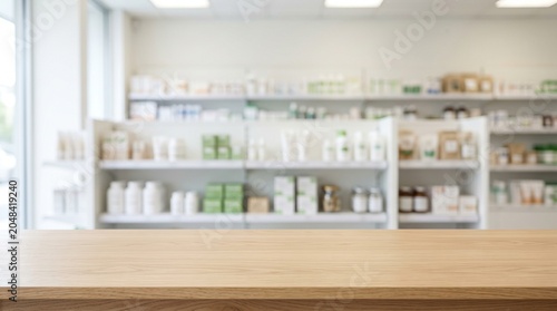 Minimalist Pharmacy Wooden Table Mockup Background With Blurred Medicine Shelves And Clean Healthcare Product Display Space