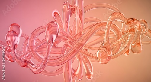Abstract 3D render of intertwined glossy pink and orange translucent tubes creating a dynamic fluid design.