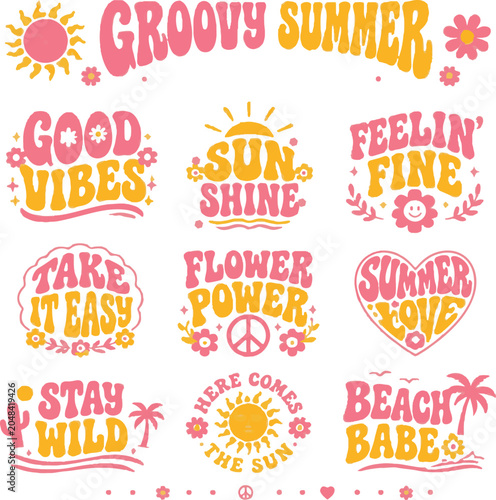 Groovy summer retro typography stickers and vector quotes set.