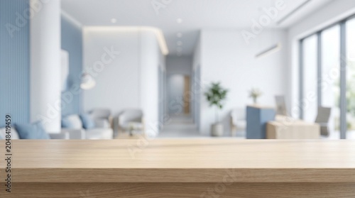 Minimalist Medical Clinic Wooden Table Mockup Background With Bright Blurred Healthcare Interior And Clean Product Display Space