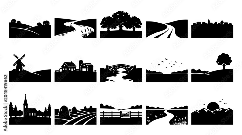 Obraz premium Vector Silhouettes Collection of Diverse Landscapes: Nature, Rural, Urban Scenes