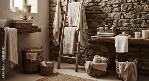 Rustic Bathroom Decor with Natural Textures and Cozy Towels.
