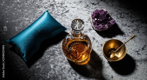 Luxury Amber Liquid in Elegant Bottle with Amethyst Crystal and Brass Bowl.