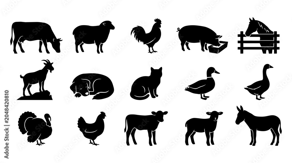 Fototapeta premium Farm Animals Silhouettes Collection: Livestock, Poultry, and Domestic Pets Vector Icons Set