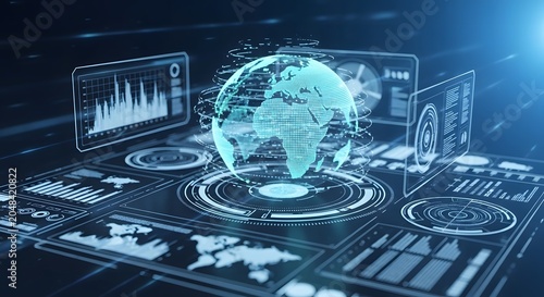 Futuristic holographic globe with digital data interfaces and charts representing global technology and analytics.