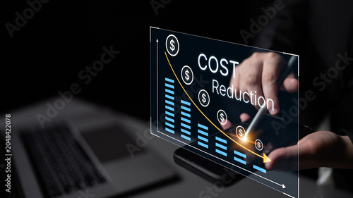 Quadro em tela Digital Display of Cost Reduction Concept with Graph and Financial Symbols in a Professional Business Setting