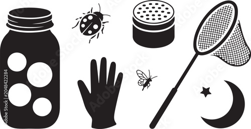 Tablou pe pânză Hand stopping bug with jar, net, and insect icons