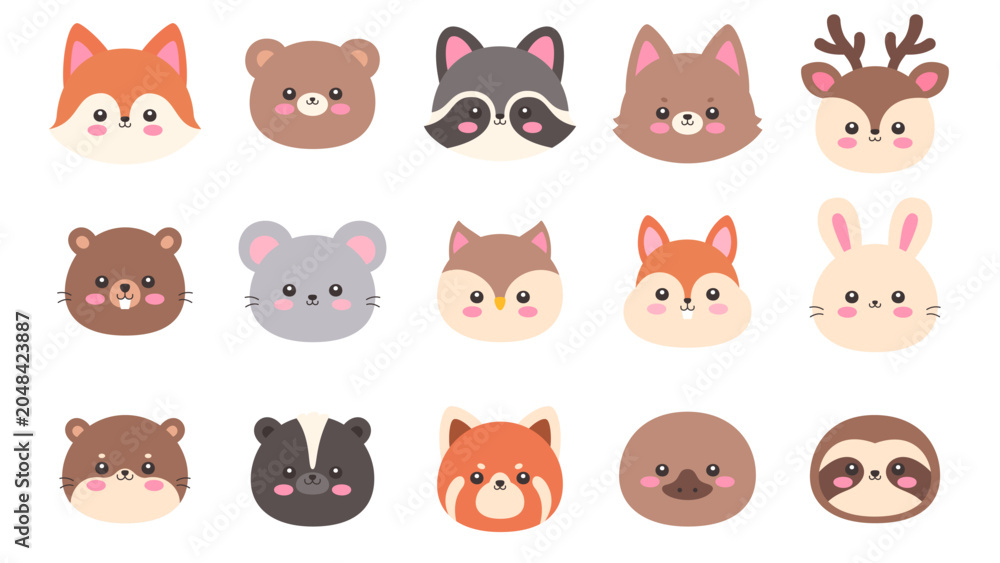 Obraz premium Cute Kawaii Woodland Animal Faces Set Flat Vector Illustration