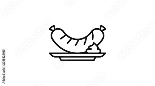 Bild auf Leinwand A simple black and white line art icon of a grilled sausage served on a plate with a dollop of mustard