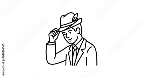 Fotografia A line art illustration of a man in a suit tipping his hat.