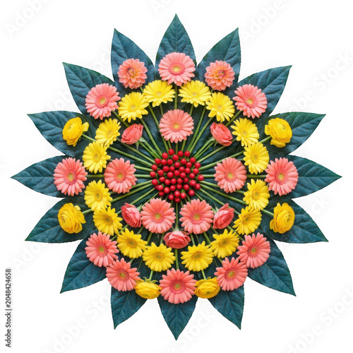 Circular mandala arrangement of colorful gerbera daisies isolated on transparent background
