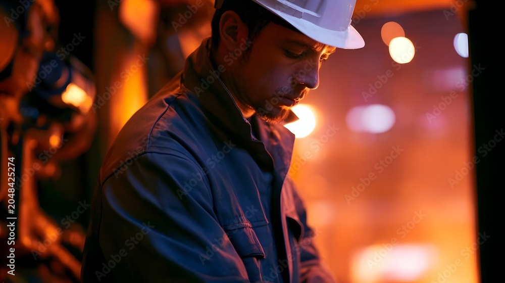 Obraz premium A worker wearing a hard hat is intently focused while working in a dimly lit warm industrial environment