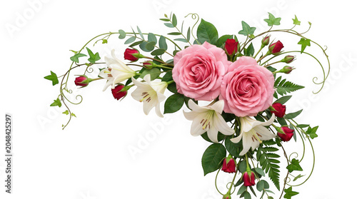 Elegant wedding floral arch corner with pink roses and lilies isolated on transparent background