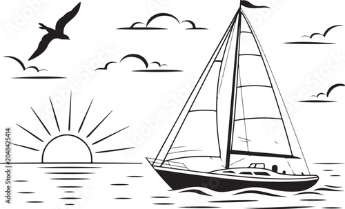 Fotografia Sailboat gliding at sunset with seagulls flying