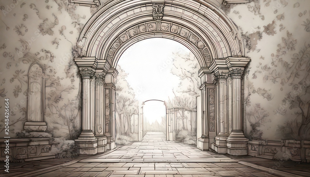 Obraz premium Ancient Stone Archway Leading to a Sunlit Courtyard.