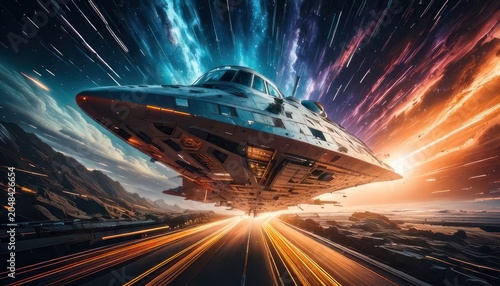 Futuristic UFO Spaceship Traveling Through a Cosmic Nebula at High Speed.