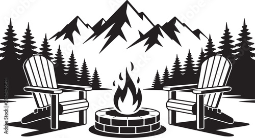 Two camp chairs around a campfire in mountain forest
