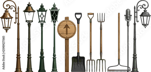 Fotografía Vintage Outdoor Element Set with Antique Street Lantern Posts Wooden Arrow Sign