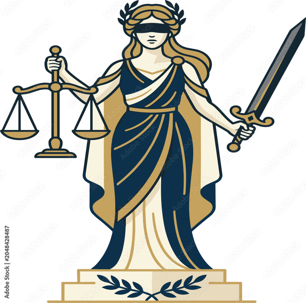 Fototapeta premium Lady justice holding balance scales and sword vector illustration, blindfolded greek goddess themes for legal court system