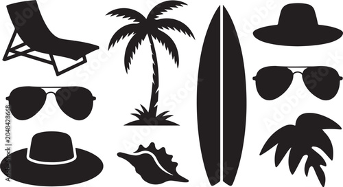 Photography Black and white beach and surf lifestyle icons set