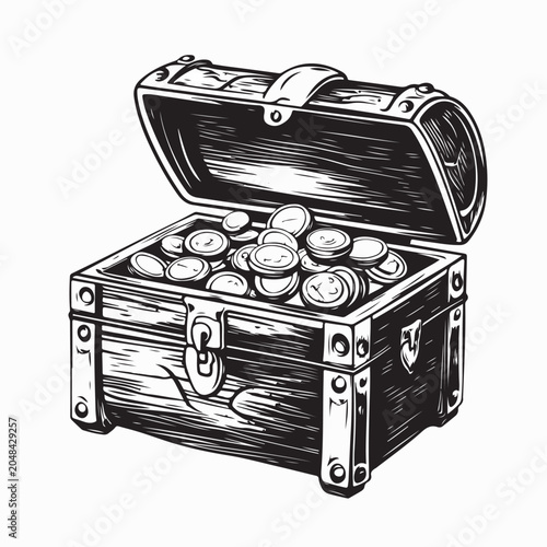 Foto Open Wooden Treasure Chest Filled with Coins Silhouette Vector Illustration