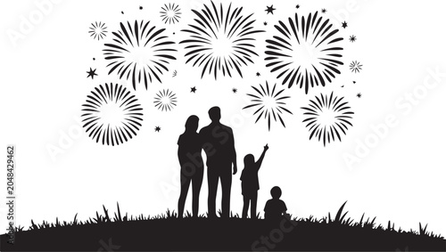 Family watching fireworks display at night