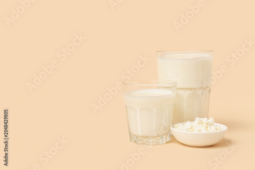 Glasses of fresh kefir and ...