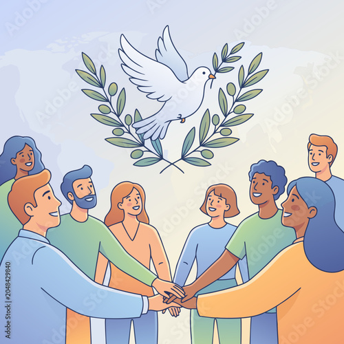 Cuadro en lienzo Global Unity Illustration of Diverse People Joining Hands with Peace Dove