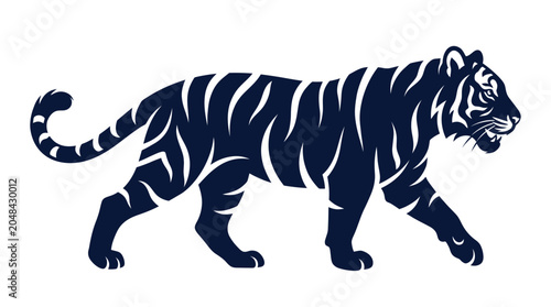 Photography Dark Blue Tiger Silhouette Walking Isolated on White Background