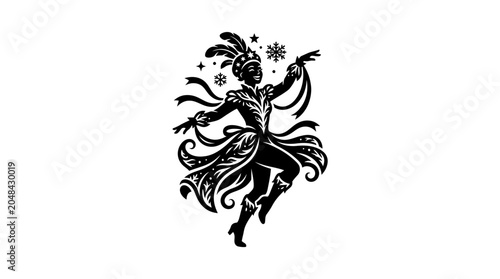 Fotografi A stylized black and white illustration of a festive dancer in a feathered costume