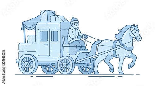 Quadro su tela A horse drawn stagecoach carriage with a driver traveling in a winter setting