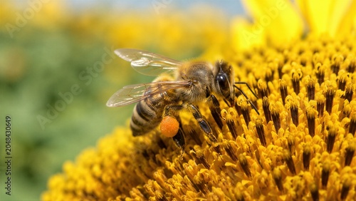 Western Honeybee Pollinating in Flower Field