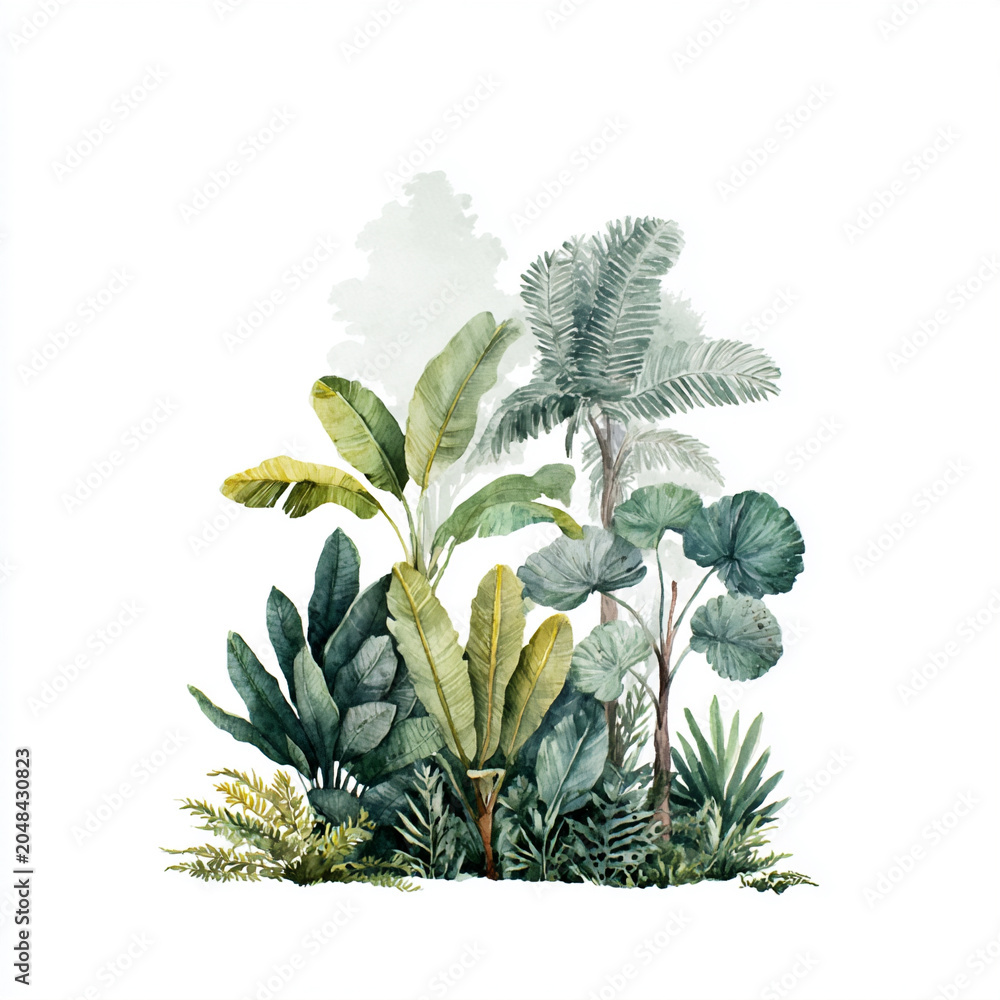 Fototapeta premium Watercolor illustration of tropical foliage featuring banana leaves and palm leaves in lush green tones.