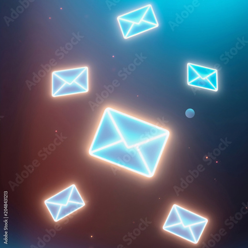 Digital representation of glowing blue email icons floating in a dark environment.