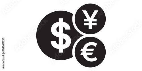 Vector illustration of dollar, yen and euro currency symbols in black circles