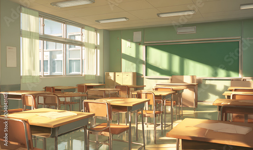 An empty classroom bathed in sunlight. Desks and chairs are neatly arranged, a chalkboard is on the wall, and the windows offer a glimpse of the outside