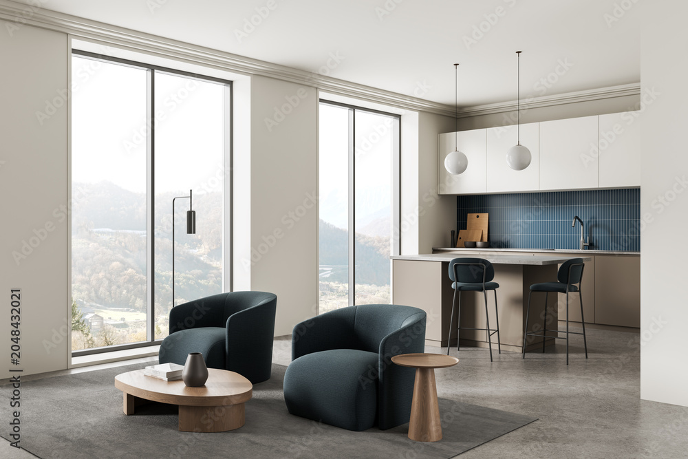 Fototapeta premium Modern interior design living room with cozy seating, large windows and stylish kitchen area featuring minimalist decor and natural light filled atmosphere. 3D Rendering