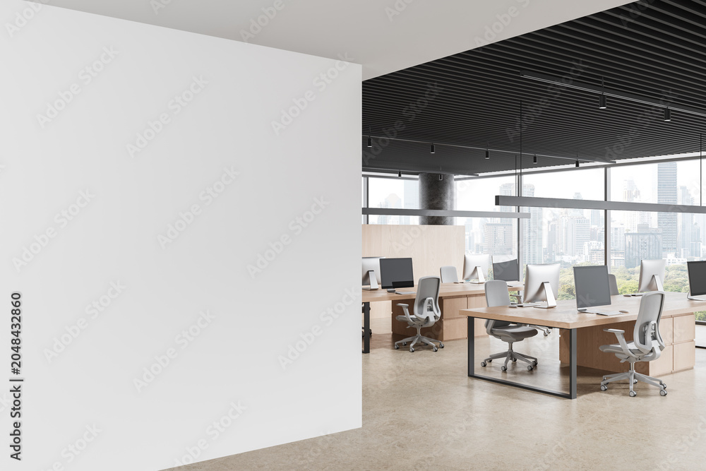 Obraz premium Blank wall in modern office interior with empty poster mockup beside open workspace and clean desks in contemporary design ready for creative layout display. 3D Rendering