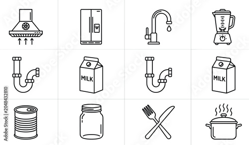 Photos Kitchen equipment and plumbing line icons showing range hood refrigerator faucet blender pipe and milk box