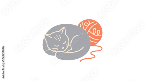 Bilde på lerret Sleeping cat curled up next to a ball of yarn
