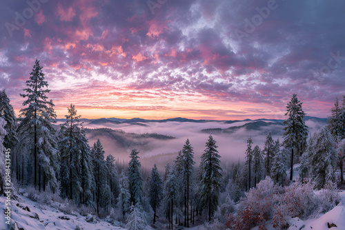 A scenic vista showcasing snow-covered evergreen trees with a vibrant, colorful, and cloudy sunrise over rolling hills and fog