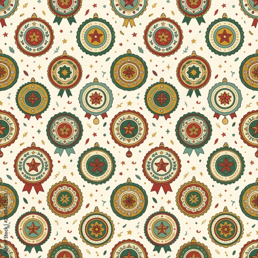 Fototapeta premium Seamless Christmas pattern with hand drawn vintage folk art ornaments and stars. EPS Editable. Vector Illustrations.