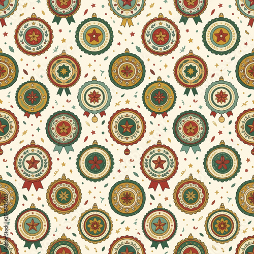 Seamless Christmas pattern with hand drawn vintage folk art ornaments and stars. EPS Editable. Vector Illustrations.