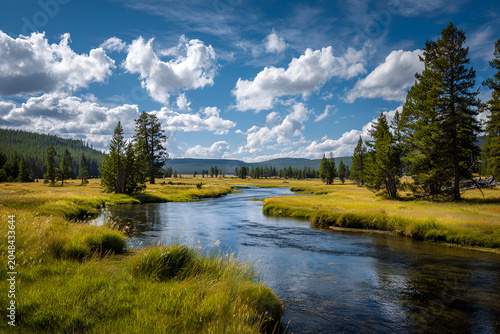 A scenic river meanders through a golden-hued meadow, framed by evergreen trees and a bright blue sky filled with fluffy clouds