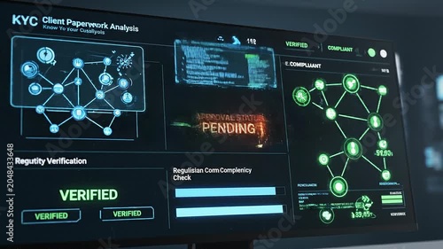 Futuristic digital identity verification and compliance analysis on transparent computer screen