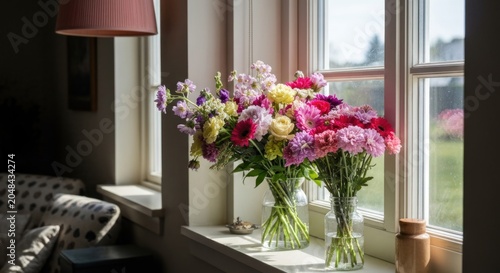 Floral Beauty - Vibrant Bouquets Adorn Window Sill in Natural Light.