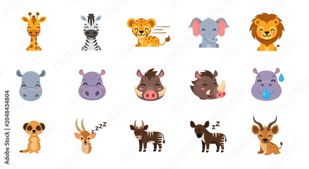 Fototapeta premium Cute Cartoon African Safari Animals Collection: Giraffe, Zebra, Lion, Elephant, Hippo, Meerkat