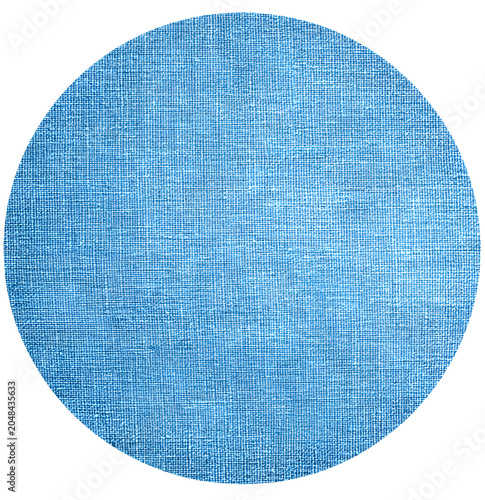 A close-up of a blue, circular textile with a woven texture, appearing flat and solid, against a white background