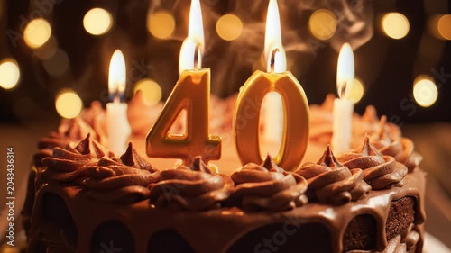 A chocolate birthday cake with 40 candles lit and bokeh lights in the background