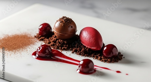 Gourmet chocolate dessert with cherry coulis and sorbet.